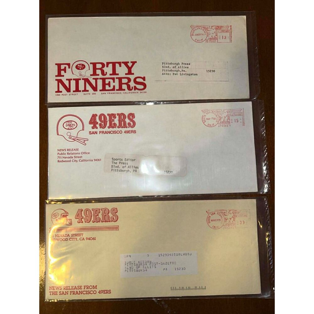 Rare NFL Francisco 49ers lot of 3 press release envelopes 1970s 1980s
